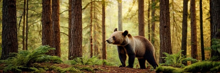 Fototapeta premium Brown bear in the woods, big wild animal in the lush green forest. walking and sitting in the jungle. made with generative AI technology. 