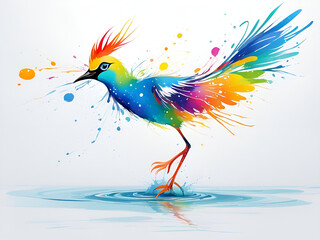 Obraz premium A bird composed of colored particles and lines, bird of paradise posing in various postures in colorful water, and an abstract painting composed of colored line backgrounds