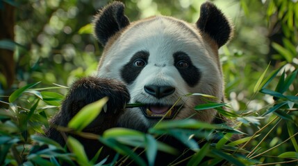 Close up of giant panda eating bamboo in sichuan forest with detailed fur texture - obrazy, fototapety, plakaty