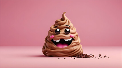 A playful, animated poop emoji character with a funny expression situated on a pink background, evoking humor