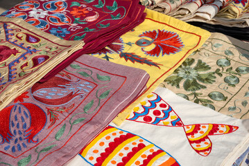 Hand embroidery on pillowcases. Bukhara, Uzbekistan