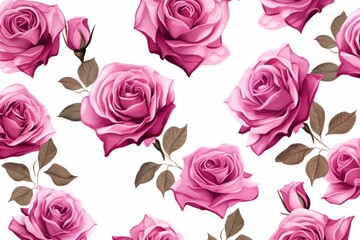 Magenta roses watercolor clipart on white background, defined edges floral flower pattern background with copy space for design text or photo backdrop minimalistic 