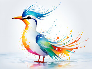 Obraz premium A bird composed of colored particles and lines, bird of paradise posing in various postures in colorful water, and an abstract painting composed of colored line backgrounds