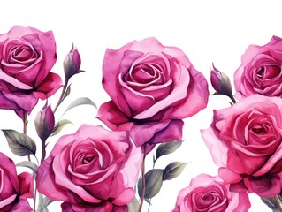 Magenta roses watercolor clipart on white background, defined edges floral flower pattern background with copy space for design text or photo backdrop minimalistic 