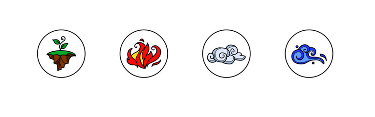 Elemental icons. Earth, fire, water, air elements. Flat style. Vector icons