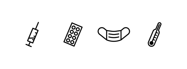 Medical icons set. Syringe, pills, mask, thermometer icons. Linear style