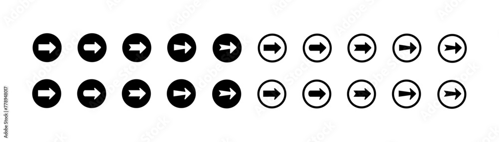 Poster right arrow buttons icons. silhouette and linear style. vector icons