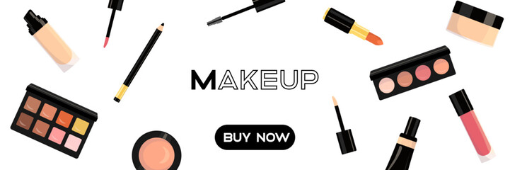 Makeup buy now banner. Makeup banner. Flat style. Vector icon