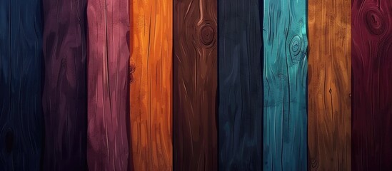 An artistic display of brown, purple, amber, orange, and violet wooden boards lined up on the floor. Each board showcases a unique wood stain - obrazy, fototapety, plakaty