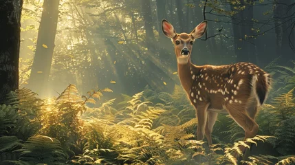 Fototapeten Majestic forest  realistic deer among ferns, morning mist, sunbeams, detailed textures, rich colors © RECARTFRAME CH