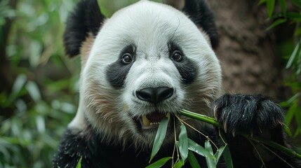 Giant panda eating bamboo in sichuan forest, detailed fur texture under natural light - obrazy, fototapety, plakaty