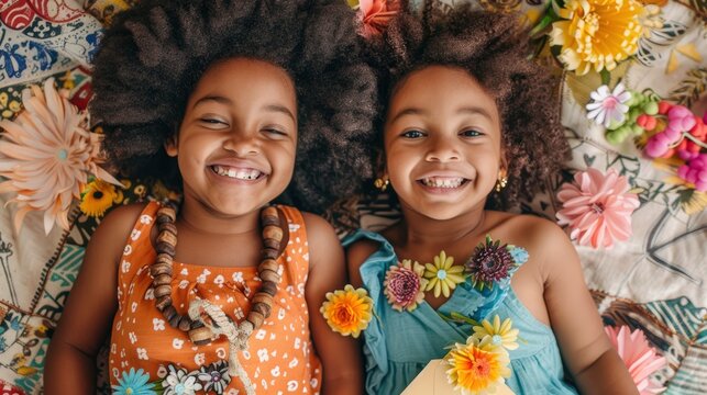 Two little black girls with big afro hair, smiling and wearing wooden beaded necklaces, holding flowers in their hands, on the floor there is an envelope decorated with colorful paper flowers