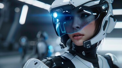 Fototapeta premium unreal engine, beautiful woman wearing white and black futuristic armor with blue visor helmet, cinematic lighting