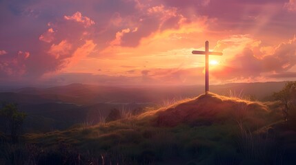Cross standing atop hill, illuminated by setting sun's warm glow