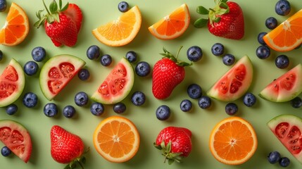 Assorted fresh fruits including oranges, grapefruits, strawberries, blueberries, and mint leaves arranged on a green background.