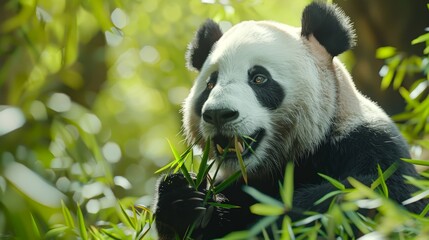 Closeup of giant panda eating bamboo in lush sichuan forest, detailed fur texture - obrazy, fototapety, plakaty