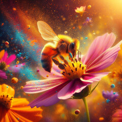 Bee gathering nectar and spreading the colorful pollen powders - obrazy, fototapety, plakaty