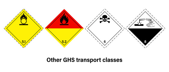 Other GHS transport classes warning sign vector. Globally Harmonized System of Classification and Labelling of Chemicals. Oxidizing substances, Organic peroxides, Toxic substances and Corrosive substa