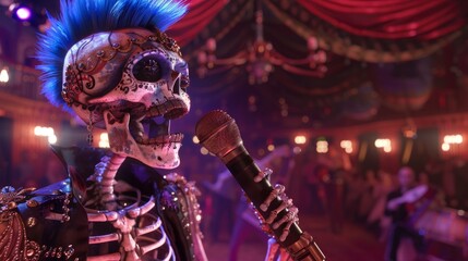 A skeleton with blue mohawk hair singing into a microphone, wearing ornate Victorian era in the style of cinematic lighting, hyper realistic - obrazy, fototapety, plakaty