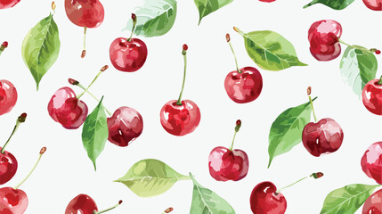 Seamless pattern with ripe cherry and green leaves.