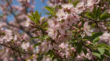 Obraz premium Blooming cherry blossom branches with pink flowers, spring sakura tree in full bloom, soft floral background for seasonal greeting cards