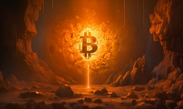Discover a bitcoin unexpectedly situated in the depths of a cave, surrounded by darkness and mystery