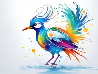 A bird composed of colored particles and lines,   bird of paradise posing in various postures in colorful water, and an abstract painting composed of colored line backgrounds