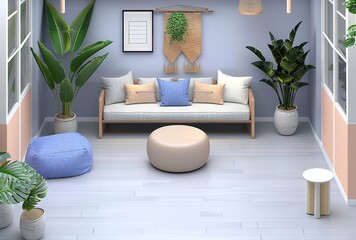 KS isometric cutaway of a minimal living room 3D rende