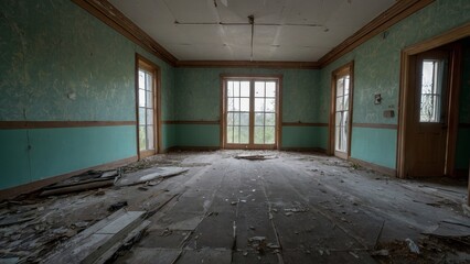 interior of a large abandoned hotel room. URBEX concept and exploration