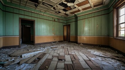 interior of a large creepy room of a damaged abandoned hotel. URBEX concept and exploration