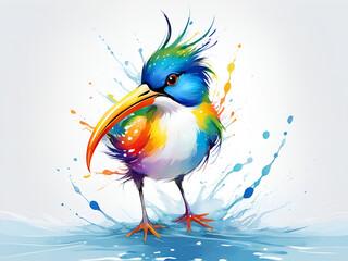 Fototapeta premium A bird composed of colored particles and lines, bird of paradise posing in various postures in colorful water, and an abstract painting composed of colored line backgrounds