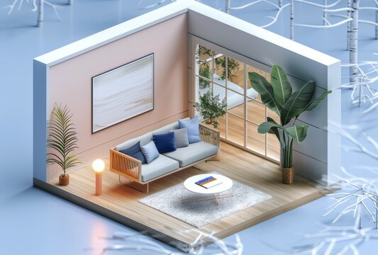 KS isometric cutaway of a minimal living room 3D