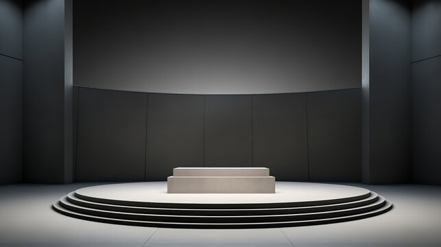 empty white podium on modern grey room with spotlight for exhibition, museam room