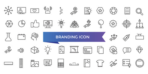 Branding icon collection. Related to marketing, product, brand value, design, logo, brand development, social media, advertising and loyal customers icons set.