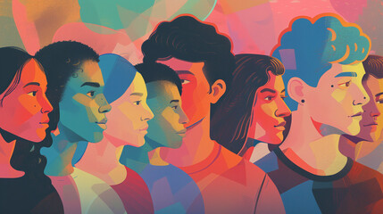 
This vibrant illustration depicts a diverse group of individuals in profile, set against a...