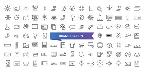 Branding icon collection. Related to marketing, product, brand value, design, logo, brand development, social media, advertising and loyal customers icons set. - obrazy, fototapety, plakaty