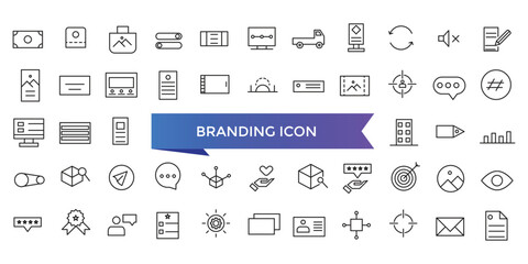 Branding icon collection. Related to marketing, product, brand value, design, logo, brand development, social media, advertising and loyal customers icons set. - obrazy, fototapety, plakaty