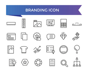Branding icon collection. Related to marketing, product, brand value, design, logo, brand development, social media, advertising and loyal customers icons set.