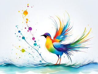 A bird composed of colored particles and lines,   bird of paradise posing in various postures in colorful water, and an abstract painting composed of colored line backgrounds