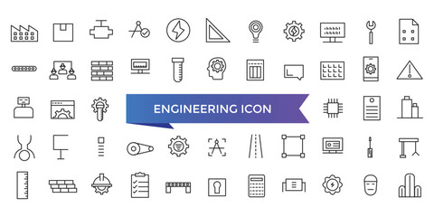 Engineering icon collection. Related to blueprint, engineer, tools, construction, mechanical, industrial, worker, engine icons. Line icon set.