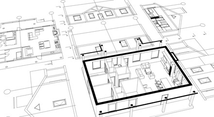 house project architectural sketch 3d - obrazy, fototapety, plakaty