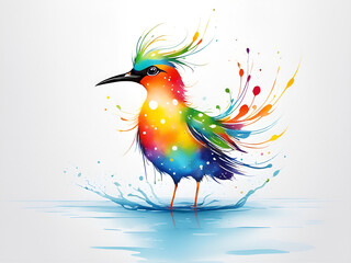 Obraz premium A bird composed of colored particles and lines, bird of paradise posing in various postures in colorful water, and an abstract painting composed of colored line backgrounds