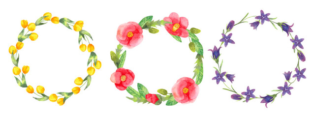 Set of wreaths of flowers with leaves.Round frame of camellia,tulip and bellflower.Botanical watercolor illustration.Hand drawn isolated art.Clipart for wedding invitations,cards,birthday.Vector