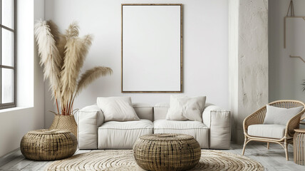 A mockup of an empty brown frame on the white wall in boho style living room.