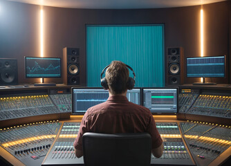 Producer, Sound Engineer Uses Control Desk to Record New Album Tracks in Music Recording Studio, Soundproof Chamber Musician, Artist, Artist Sings a Song from New Album. Rear View