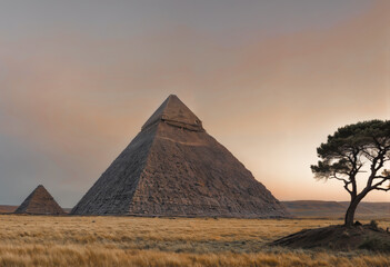 A large, pointed pyramid sits in a field with a single tree to its right. The sky is a mix of pink and grey.