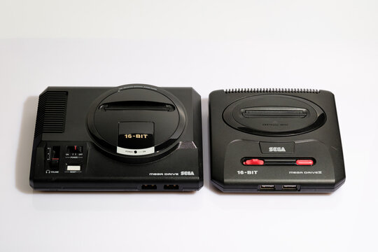 Newcastle UK: 21st Jan 2024: A closeup of a Sega Mega Drive MOdels I and II mini consoles. Retro gaming. Megadrive