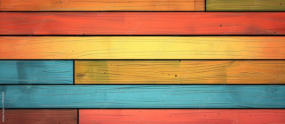 Poster a closeup of a rectangular wooden wall with a symmetrical pattern of tints and shades in vibrant col