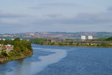 Scotswood Blaydon UK: 9th June 2023: View of the River Tyne and Vickers from Scotswood Bridge on sunny day
