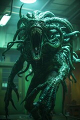 A monster with a mouth open and tentacles coming out of its head. The monster is green and has a menacing look on its face